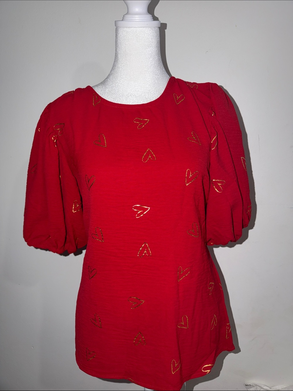 Red Heart-Embroidered Puff Sleeve Blouse